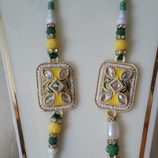 Lace stone work bhaiya bhabhi rakhi-green yellow