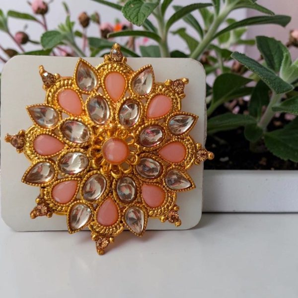 PEACH FLOWER POLKI ADJUSTABLE RING
