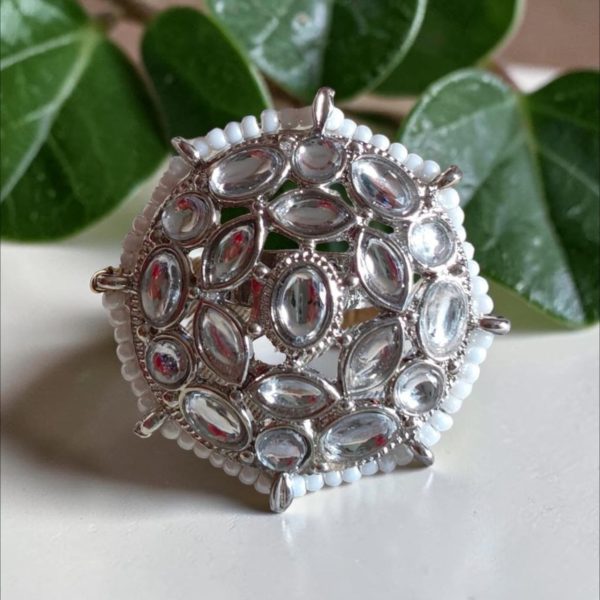 WHITE LACE POLKI ADJUSTABLE RING
